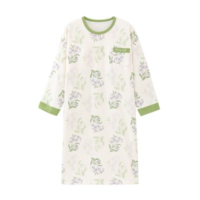 带胸垫一体式长袖纯棉睡裙中长款春秋季甜美可爱大码睡衣裙可外穿