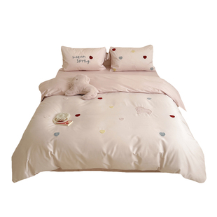 粉色小清新全棉长绒棉四件套少女心纯棉卡通毛巾绣被套床单床笠款