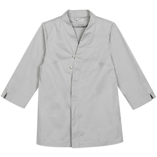 新款 2021纯棉中式盘扣厨师银灰茶楼茶馆中餐厅服务员工作服中袖