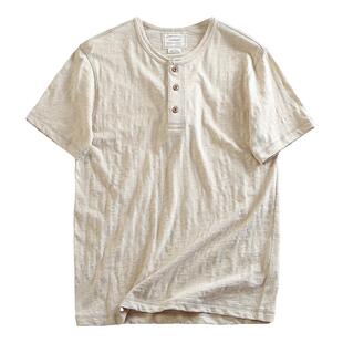 外贸单 竹节棉+亚麻 夏季男士薄款透气纯色亨利领硬汉休闲短袖T恤