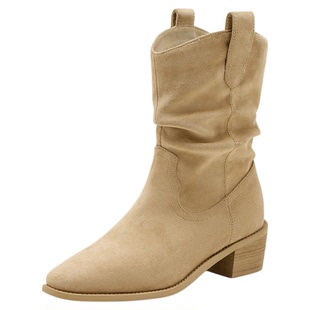 星期六粗跟短靴2025秋季新款尖头复古堆堆靴增高美拉德女靴【直】