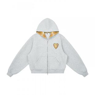 EMPTY REFERENCE 麻灰格纹拼接刺绣宽松重磅拉链连帽开衫卫衣外套