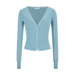 MosesQueen魔西女王蓝色缕空针织开衫女春秋外搭v领长袖外套上衣