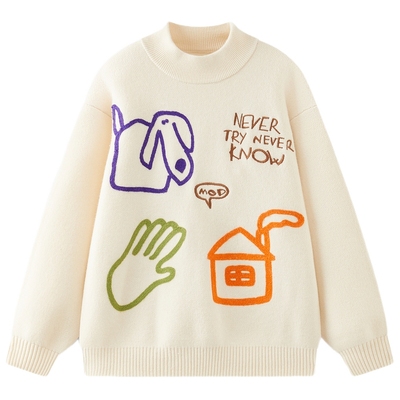 MQD童装男童毛衣针织衫2025冬季新款儿童加厚保暖涂鸦半高领上衣