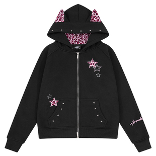 404MOB女款小恶魔立耳设计豹纹贴布连帽拉链卫衣美式情侣短款外套