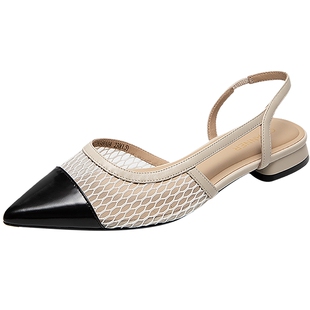 千百度包头网面时装凉鞋女款后空小香风拼接绝美低跟凉鞋气质百搭