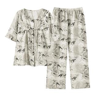 睡衣女夏季天丝棉麻短袖长裤薄款夏天中年妈妈冰丝凉感夏款家居服