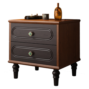 复古床头柜白蜡木实木床头边柜双拼色中古黑色卧室家用法式床边柜