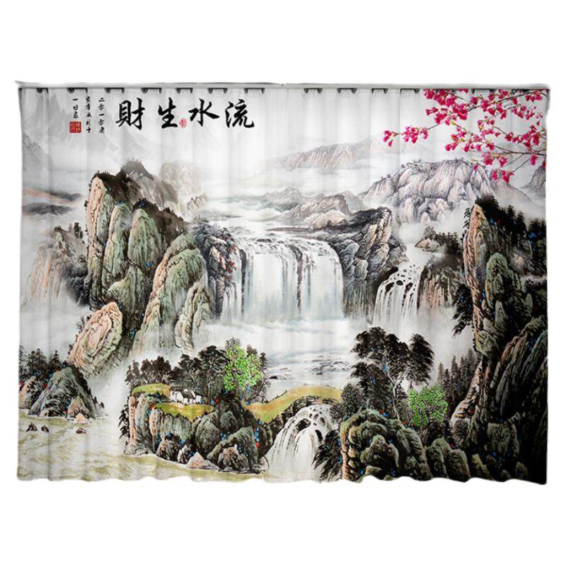 新中式山水风景画窗帘隔断帘落地