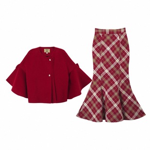 织物猪 微醺玫瑰 复古红色格纹鱼尾裙女冬季新年氛围感气质半身裙