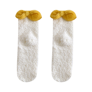 成人珊瑚绒袜子女可爱蝴蝶结中筒袜加厚睡眠秋冬季保暖加绒地板袜