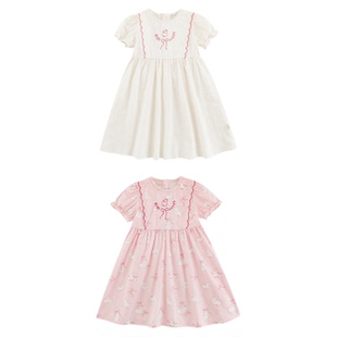 幼悠女童森系小清新泡泡袖连衣裙夏季简约圆领浪漫花边蝴蝶结裙子