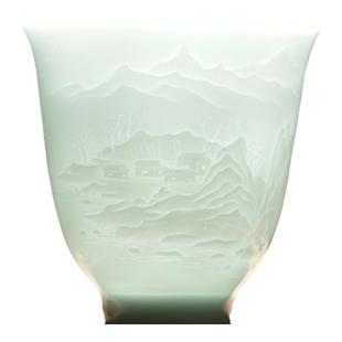 三勤堂影青雕刻山水主人杯陶瓷茶杯个人专用单杯闻香杯功夫茶具