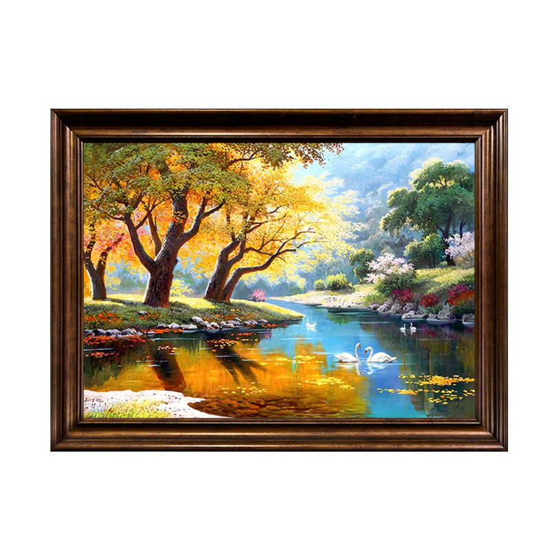 手绘油画玄关装饰画天鹅湖风景