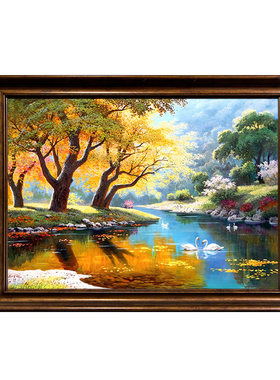 手绘油画玄关装饰画天鹅湖风景
