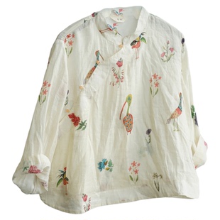 原创茶室新中式立领苎麻上衣国潮宽袖数码印花遮阳衬衫禅意国风女