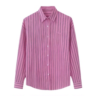 TANG 粉系韩版撞色竖条纹长袖衬衫宽松慵lan显瘦时髦休闲外穿上衣
