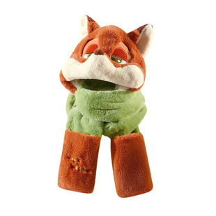 迪士尼尼克朱迪毛绒帽子围巾一体冬季女加绒厚保暖连帽围脖三件套