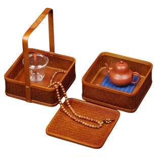 复古竹编双层提盒 收纳盒 食盒茶点盒餐点盒便携出游旅行中式茶具