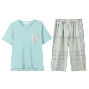 秋鹿针织纯棉睡衣女夏薄款印花短袖七分裤柔软透气舒适家居服套装