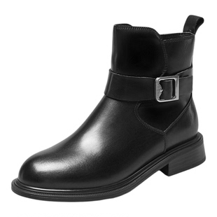 意尔康女鞋2025冬季复古法式加绒短靴显瘦粗跟气质及踝靴女士皮鞋