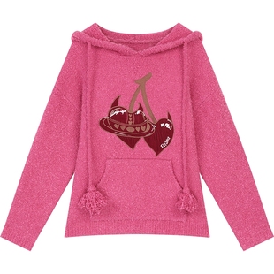 妖精的口袋丝绒樱桃连帽红色毛衣女2025年冬季新款慵懒新年穿搭