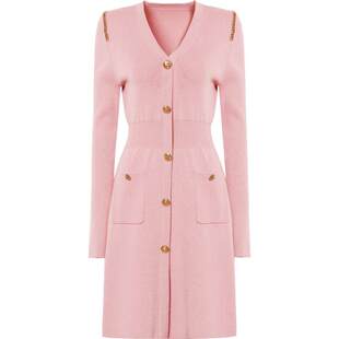 DPLAY气质显瘦粉色连衣裙女修身法式小香风针织短款裙子26年春