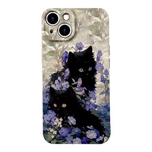 花团朵朵~紫色花丛小黑猫菲林适用iPhone17/16pro手机壳华为mate60红米K60OPPOreno9软vivos16硬IQOO10小米13