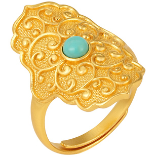 花盾缠枝纹银鎏金盾牌戒指非遗花丝錾刻松石文物复刻新中式银指环