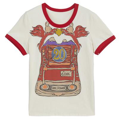 谜底圆领印花T恤女年夏季新品复古特色撞色修身上衣242MT0585