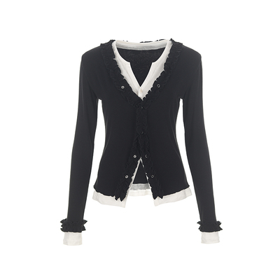 wanatry假两件木耳边合身薄开衫