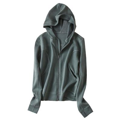 开衫短外套卫衣女春秋新款墨绿色连帽修身拉链正肩动运打底上衣潮