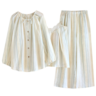 婴儿棉纱睡衣女吊带三件套春秋夏季纯棉长袖条纹家居服套装棉麻