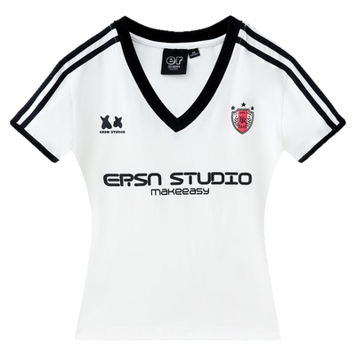 ER美式y2k正肩短袖t恤女球衣辣妹修身掐腰潮牌撞色V领上衣夏季