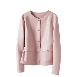 海宁皮夹克女真皮外套短款圆领粉色减龄绵羊皮秋冬新款皮衣小个子