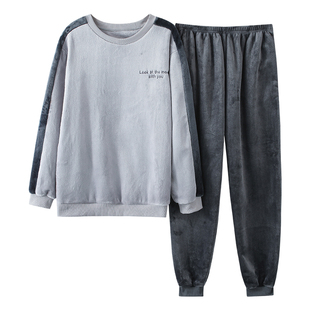 珊瑚绒睡衣男款冬季男士加绒加厚法兰绒拼接家居服秋冬款2026新款