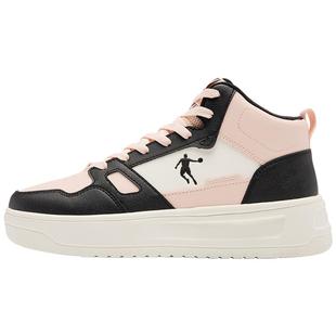 乔丹黑色皮面高帮加绒棉鞋女款运动鞋增高防滑保暖粉色运动板鞋