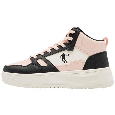 乔丹黑色皮面高帮加绒棉鞋女款运动鞋增高防滑保暖粉色运动板鞋