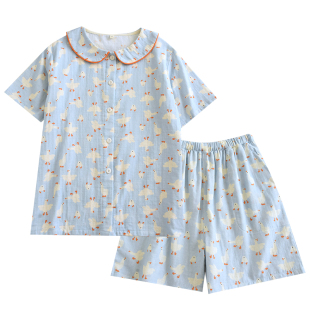 大白鹅睡衣女士纯棉纱布短袖短裤夏季薄款宽松家居服套装元宝领