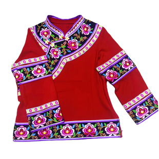 云南楚雄彝族服饰新款袖子两排绣花单衣马樱花左脚舞女装黑色红色