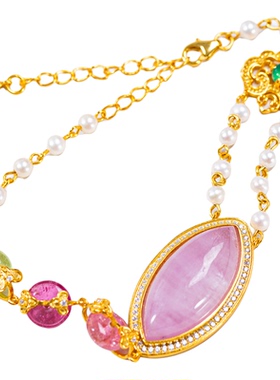 衣锦媚行s925银镀金轻奢天然紫锂辉珍珠手链镶嵌宝石精致小巧手饰