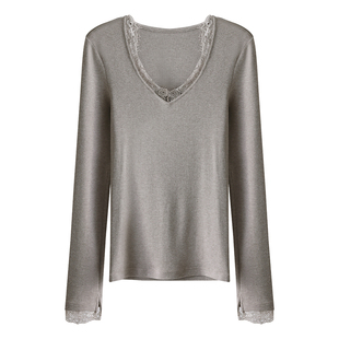 HAMYIHO 绝美蕾丝边内搭打底衫V领t恤女纯欲修身上衣2026春季新款