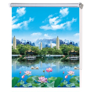 手拉升降窗帘卷拉式山水风景遮阳防晒卧室阳台厨房免打孔风景画帘