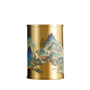 铜艺烫画笔筒千里江山文房小笔筒清新毛笔筒收纳筒桌面国画中式茶室办公室桌面摆件文房四宝配件高级感送老师