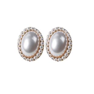 红口袋 S925银针法式复古酒红花边椭圆珍珠耳钉耳环新娘无洞耳夹