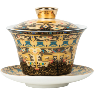 唐卡旋转悬停三才盖碗泡茶碗茶盏功夫茶具家用大号茶杯单杯带盖子