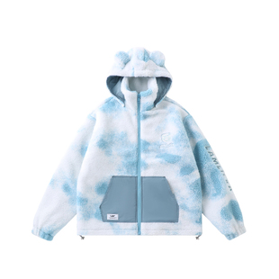 LAMLICKA国潮扎染迷彩连帽开衫拉链羊羔绒外套女冬季加厚保暖棉服