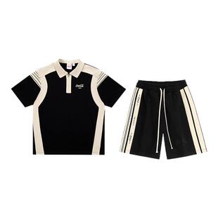 Coca-Cola/可口可乐 条纹短袖Polo衫男刺绣冰感休闲运动短裤套装