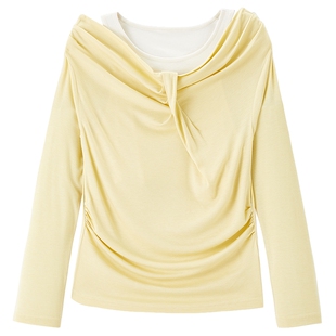 乐町设计感蝴蝶结上衣女春季新款元气少女荡领长袖内搭假两件T恤