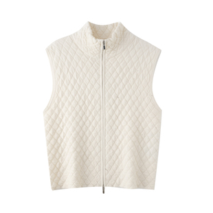 春竹2025秋冬新款100%绵羊毛高领合体菱形格纹拉链女士针织马甲